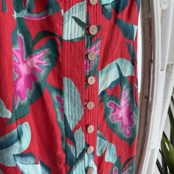 Farm Rio Dress XL Red Floral 100% Linen Tropical Summer Foliage Mini Resort - Picture 3 of 13